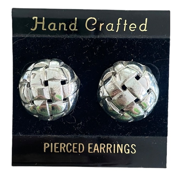 Silver Round Statement Earrings Basketweave Detail - Picture 4 of 5